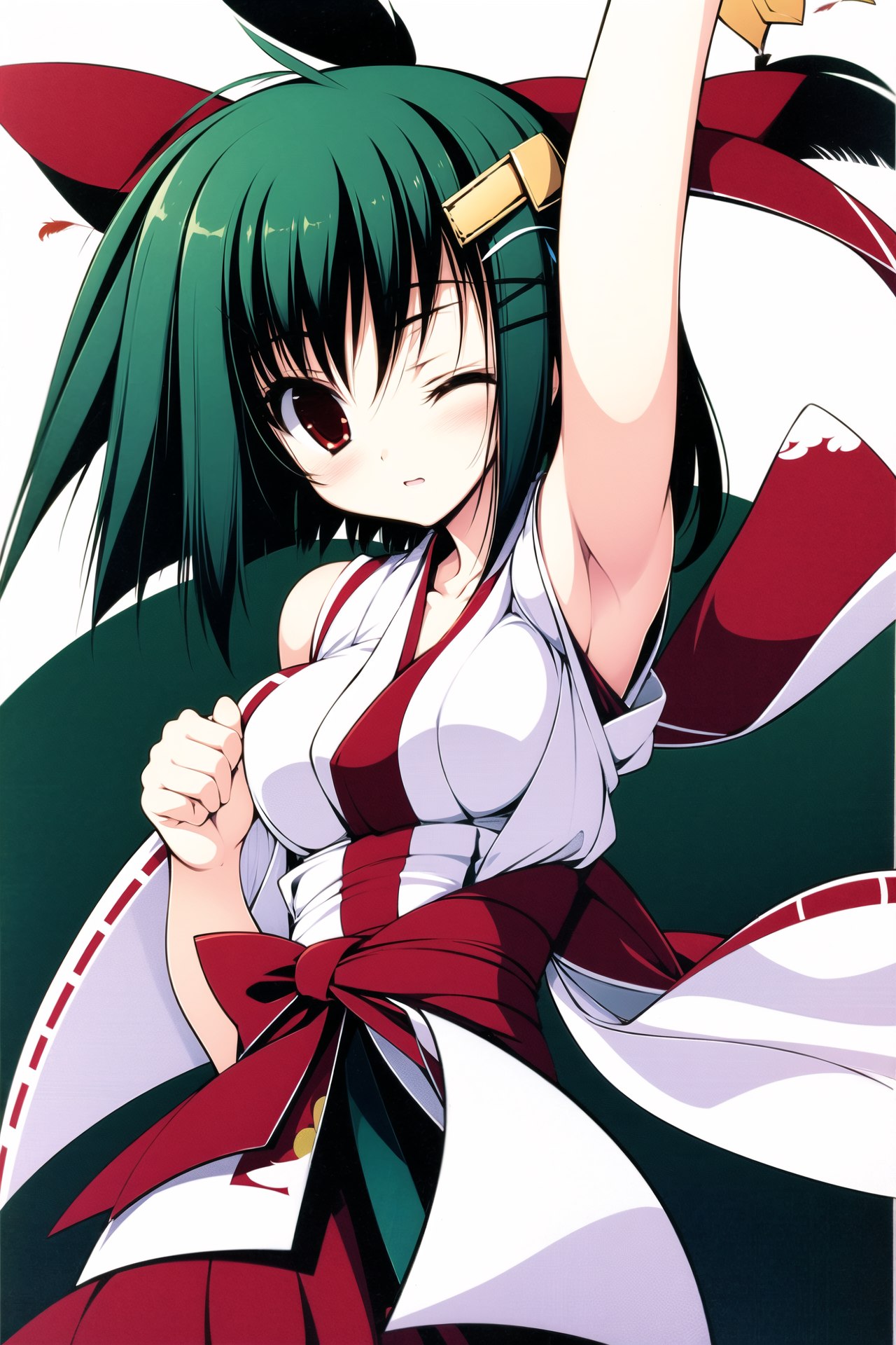 06730-3930021103-1girl, solo, animal ears, green hair, one eye closed, japanese clothes, red eyes, hair ornament, miko, short hair, ribbon, feath.png
